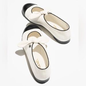Chanel 25C Lambskin Bow Mary Jane Flats 36.5 White Black